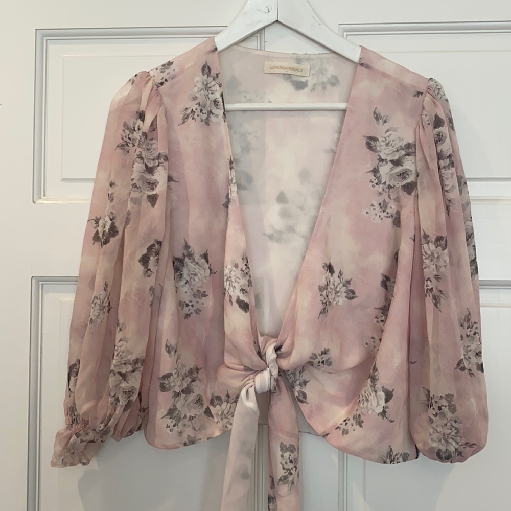 LoveShackFancy floral pink tie blouse